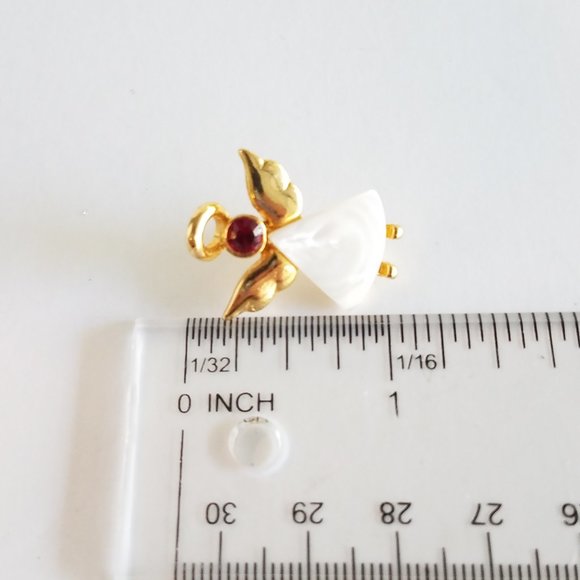 Small Gold Tone Angel Pin Mother Of Pearl & July Ruby Red Crystal - Picture 3 of 7